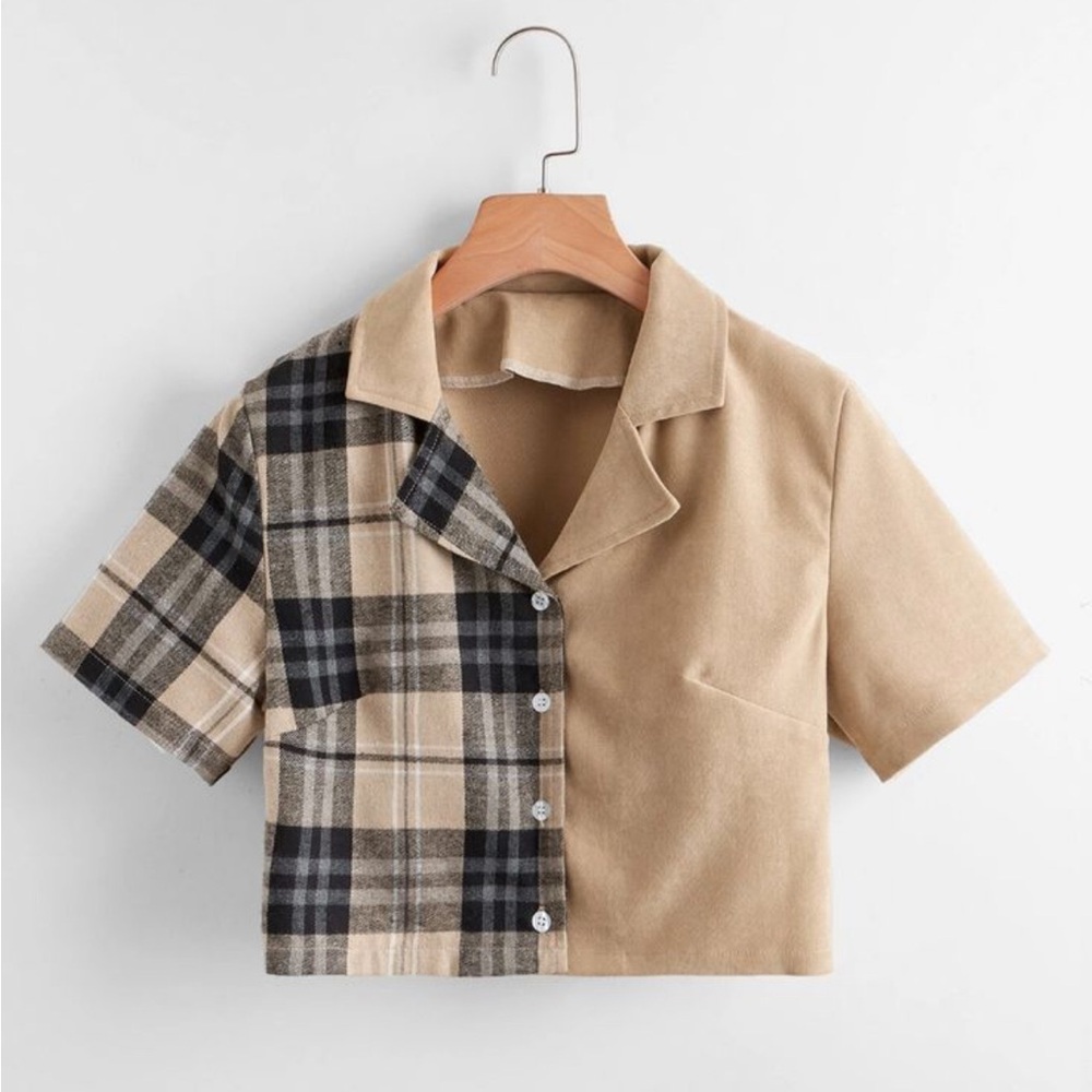 SHEIN Plaid and Solid Blouse - Beige and Black
